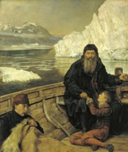 A man and a boy sit in a small boat in a cold, icy landscape. The last voyage of Henry Hudson, the