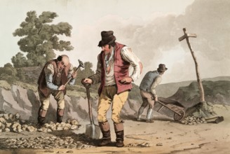 Scene from everyday life in England around 1810, stone crusher on the street, historical, digitally