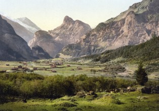 Kandersteg village, Bernese Oberland, Switzerland, Historic, digitally restored reproduction from a