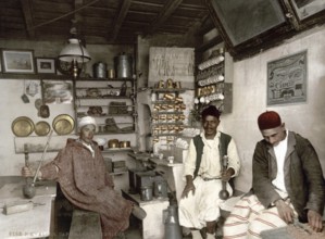 Moorish coffee house, Algiers, Algeria, ca 1890, Historical, digitally restored reproduction from a