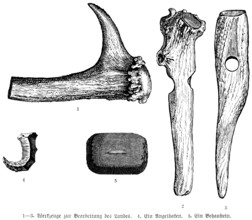 Stone Age tools for agriculture (1-3), fishing hooks for fishing (4), dwelling stone (5), geology,