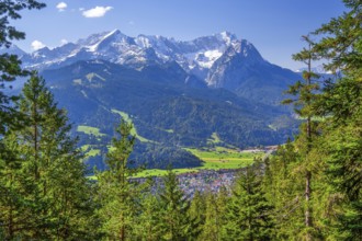 View from Wank 1780m to valley, village and Zugspitzgruppe 2962m, Garmisch-Partenkirchen,