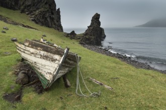 Old boat, coast with fairy, Norðurfjörður, Strandir, Árnes, Westfjords, Iceland, Europe