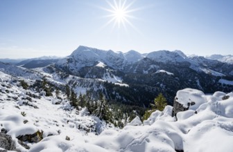Snow-covered summit of the Jenner in autumn, view of mountain panorama with Hagengebirge,