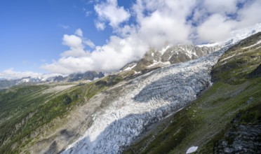 Mountain landscape with glacier Glacier des Bossons and summit of the Aiguille du Midi, Chamonix,