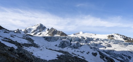 High alpine mountain landscape, summit of the Aiguille de Chardonnet and Glacier du Tour, glaciers