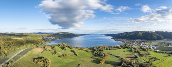 Aerial view, panorama of the Stockach Aach estuary with autumnal vegetation at the northwest bay of