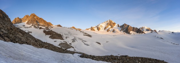 Panorama, High alpine mountain landscape at sunset, Glacier du Tour, Glacier and mountain peaks in