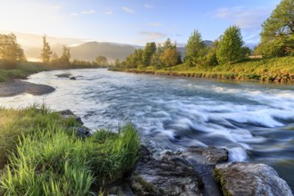 Rapids, river, riverbank, long exposure, sunrise, mountains, spring, Loisach, Alpine foothills,