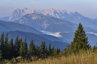 View from the Chiemgau Alps to the Wilder Kaiser in Tyrol, with the Unterberghorn in front,