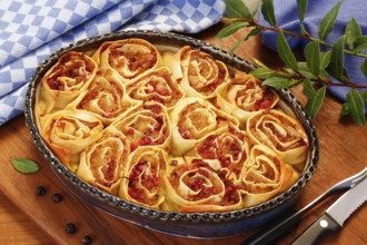 Swabian cuisine, Swabian doughnuts in a casserole dish, Swabian pasta sack, stuffed pasta pancakes