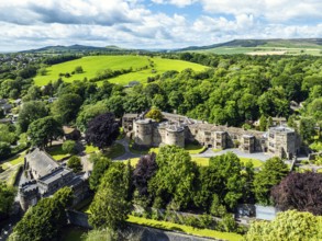 Skipton Castle from a drone, North Yorkshire, England, United Kingdom, Europe