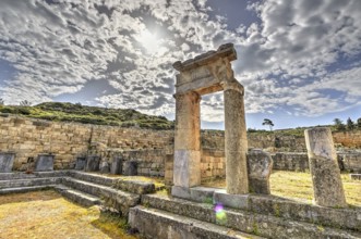 HDR, Super wide angle shot, Ancient ruins with stone walls and columns under a sunny sky with