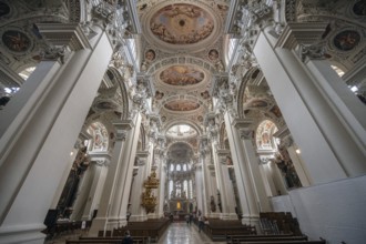 Interior with baroque stucco and ceiling fresco created in the 17th century, Passau Cathedral,