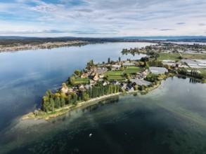 Aerial view of the north-western tip of the island of Reichenau in Lake Constance, with the