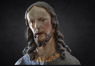 Palmesel wooden figure around 1880, Christ detail on dark ground, Dominican convent Wettenhausen,