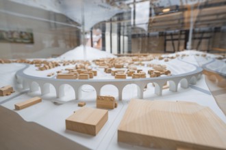 Architectural model with bridge construction, presented in a bright exhibition, Nagold Town Hall,
