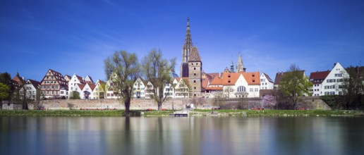 Panorama over the Danube to Ulm with Ulm Minster and Metzgerturm, Baden-Württemberg, Germany,