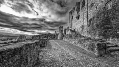 Black and white photo, Hochburg castle ruins, Emmendingen, Germany, Europe