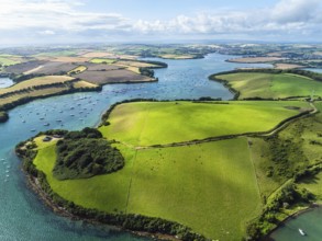 Salcombe and Mill Bay over Kingsbridge Estuary from a drone, Batson Creek, Southpool Creek, Devon,