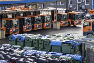 Hagener Entsorgunsbetriebe depot, refuse lorry, various refuse bins, containers, North