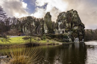 The Externsteine, a sandstone rock formation, Wiembecketeich, in the Teutoburg Forest, near