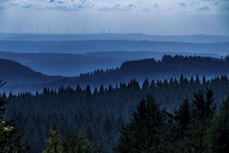 View from Kahlen Asten mountain, to the east, forest landscape in Hochsauerlandkreis, Hochheide,