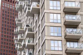 Facades with balconies of high-rise residential buildings, at the Turfmarkt, in the city centre