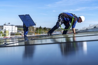 Installation of solar modules on the roof of a commercial enterprise, over 400 photovoltaic modules
