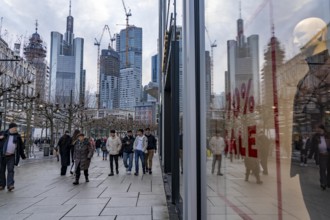 Zeil shopping street, pedestrian zone, winter weather, city centre skyline, sale, banking district,