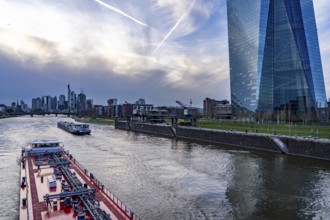Skyline of Frankfurt am Main, skyscrapers, business and banking district in the city centre, cargo
