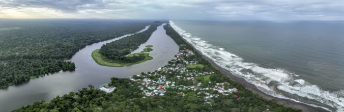 Aerial view, beach and sea, coast with rainforest, Tortuguero National Park, Costa Rica, Central
