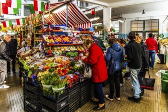 Fruit and vegetable stalls, market hall, Mercato Coperto, 1936, Trieste, harbour town on the