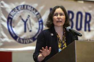 Chicago, Illinois, Labor Notes editor Alexandra Bradbury speaks at the 2024 Labor Notes conference.