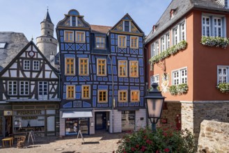 The leaning house, half-timbered house, colourfully painted, witches' tower, town hall, King Adolf
