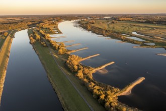 Aerial view of channel Gnevsdorfer Vorfluter and river Elbe at sunset, between Wittenberge and