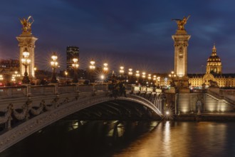 Pont Alexandre III, with Invalides Cathedral, Seine, Invalides, Paris, Ile de France, France,