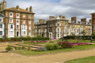 Historic seafront buildings, Wellington Esplanade gardens, Lowestoft, Suffolk, England, UK