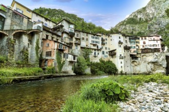 Pont en Royans. Houses hanging above river La Bourne. Isère. Auvergne-Rhone-Alpes. Vercors regional