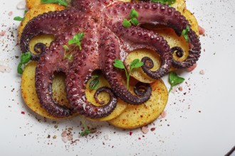 Octopus with potatoes and spices, on a light plate, top view, no people, homemade, close-up
