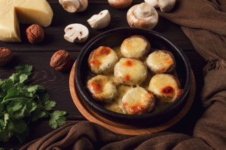 Traditional Georgian dish, appetizer, stuffed mushrooms, Sulguni cheese, baked in a Ketzi clay pan,