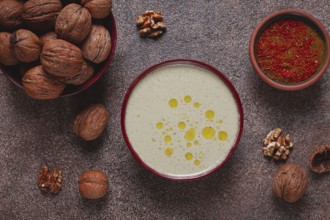Walnut sauce Baghe, traditional Georgian dish, homemade, no people