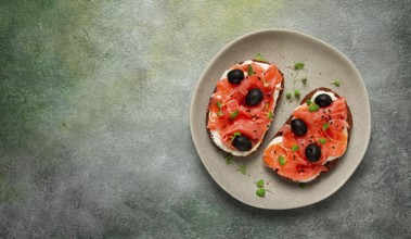 Sandwiches with red fish, cream cheese, olives and microgreens, breakfast