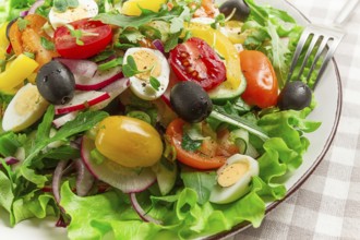 Vegetable salad, with quail eggs and olives, fresh, close-up, no people