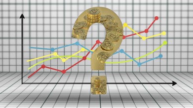 Symbol image, Bitcoin on question mark, stock market prices, insecure digital currency, resources,