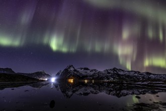 Northern lights over fjord, steep mountains, winter, aurora borealis, Flakstadoya, Lofoten, Norway,