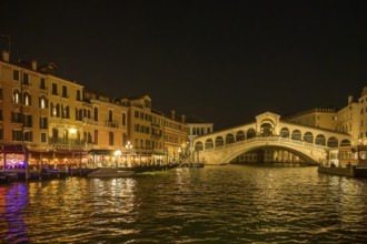 Night shot of the Rialto Bridge from the vaporetto, Venice, Metropolitan City of Venice, Italy,