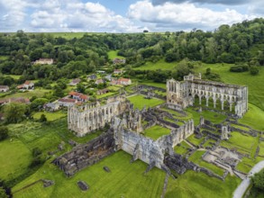 Rievaulx Abbey from a drone, North York Moors National Park, North Yorkshire, England, United