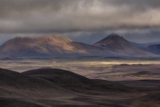 Barren volcanic landscape, clouds, summer, Mödrudalur, North Iceland, Iceland, Europe