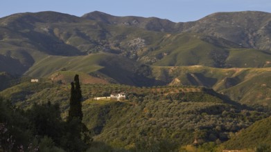 Landscape with green hills and scattered houses against a background of majestic mountains, Lefka